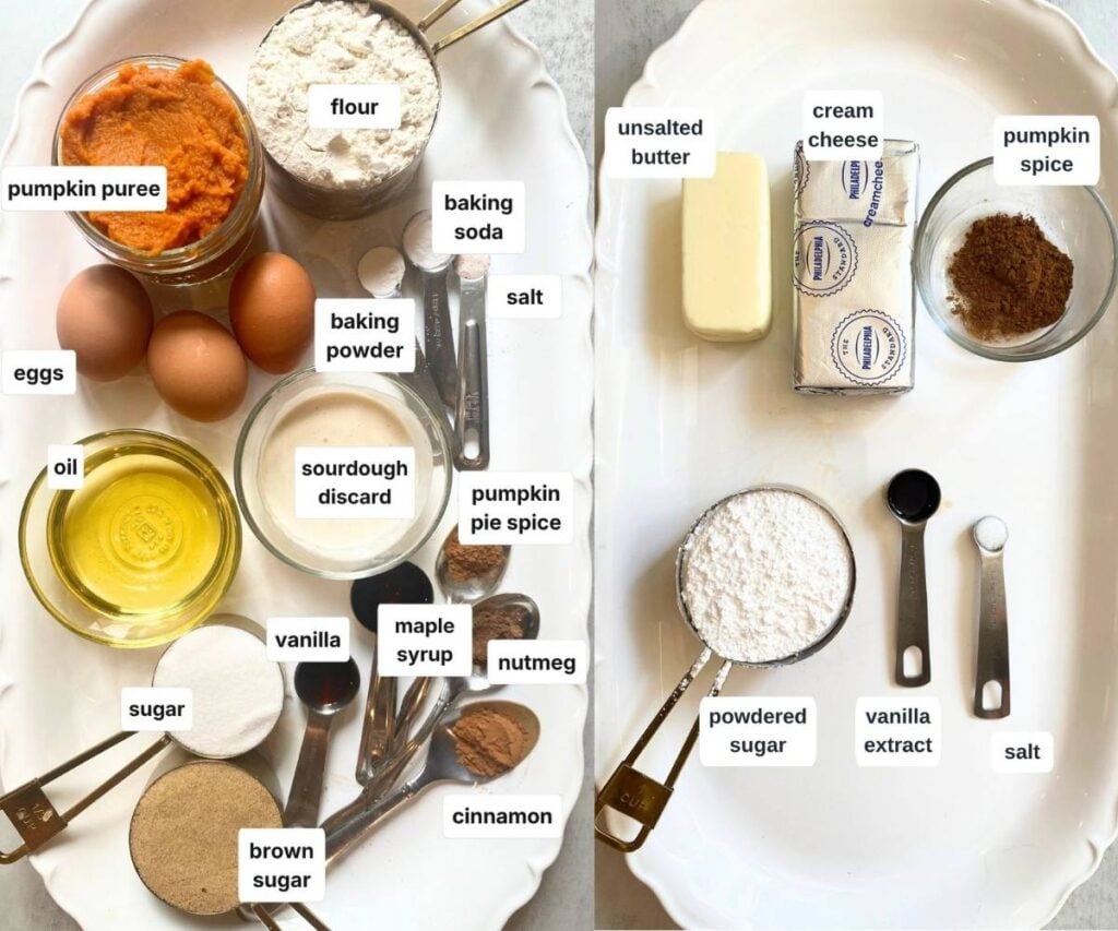 Ingredients for sourdough discard pumpkin bars on a tray: eggs, pumpkin puree, sourdough discard, flour, baking soda, salt, oil, sugar, brown sugar, cinnamon, vanilla, pumpkin pie spice, maple syrup, cinnamon, nutmeg, butter, cream cheese, powdered sugar, and salt.