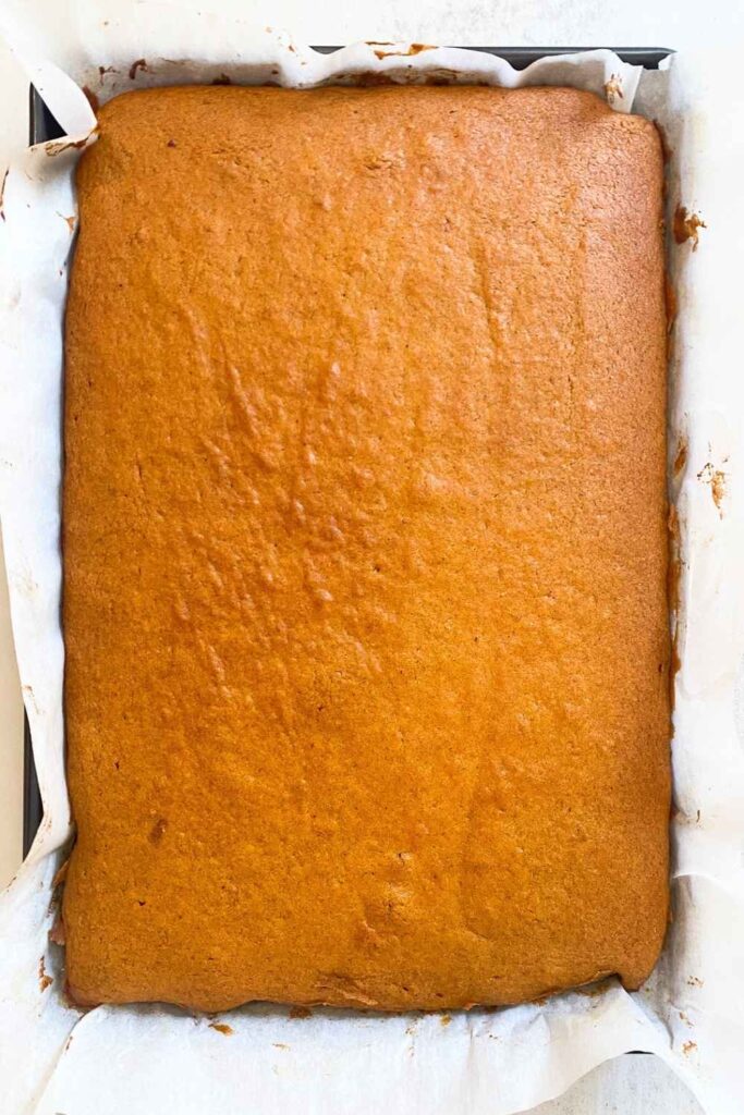 sourdough discard pumpkin bars in jelly roll pan