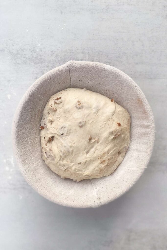 Sourdough maple pecan bread loaf with a cinnamon swirl in a banneton.
