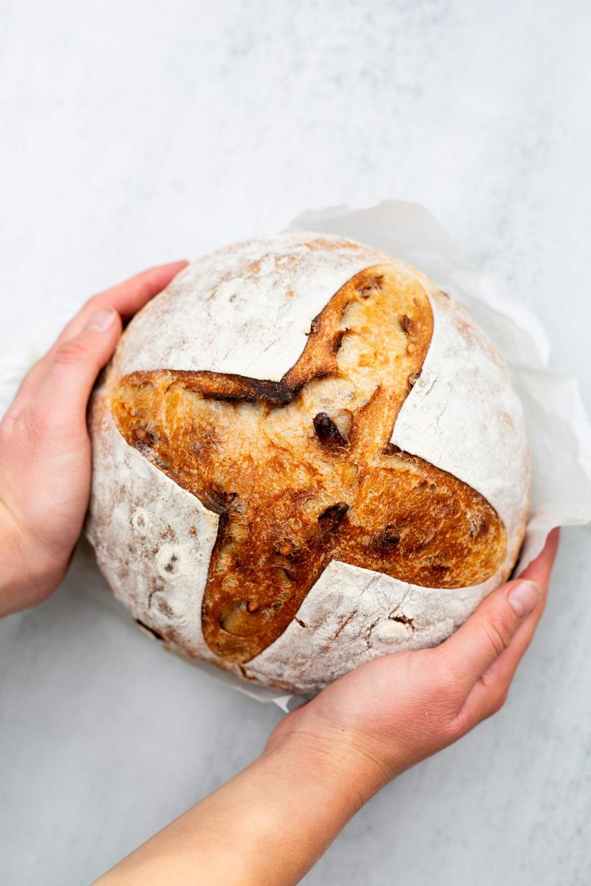 Someone holding sourdough maple pecan bread loaf in their hands on a table.