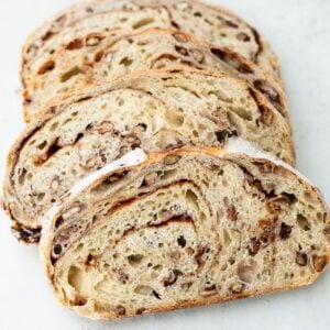 sourdough maple pecan cinnamon swirl bread loaf.