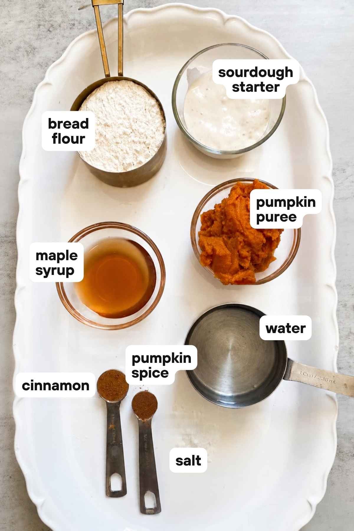 Ingredients for artisan sourdough pumpkin bread on a table: sourdough starter, bread flour, pumpkin puree, maple syrup, salt and pumpkin pie spice.