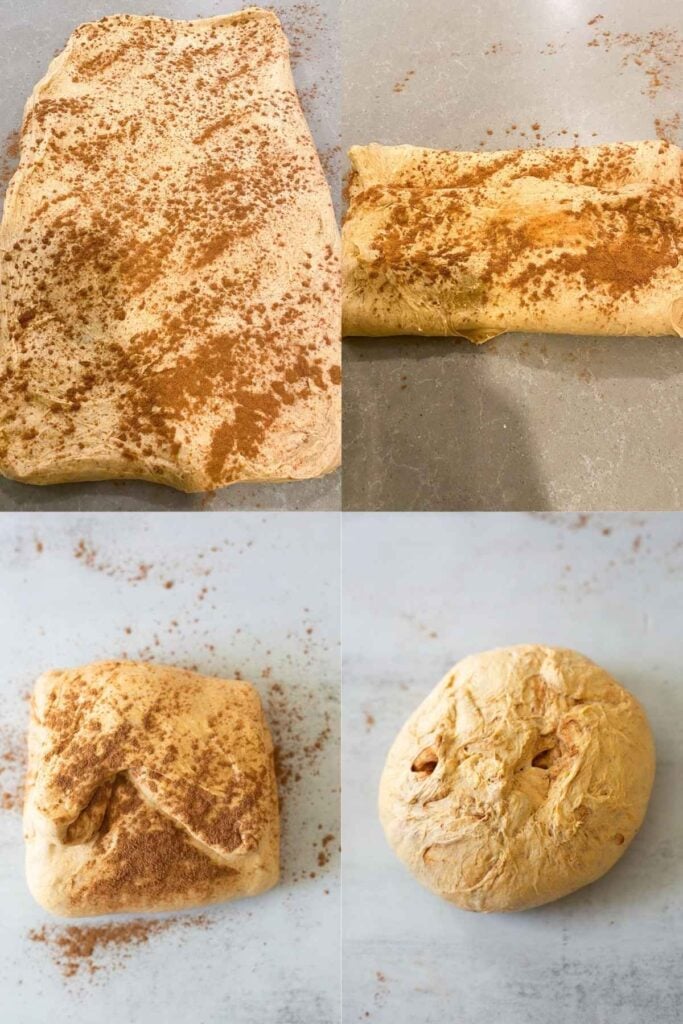 Artisan sourdough pumpkin bread dough on a table being laminated.